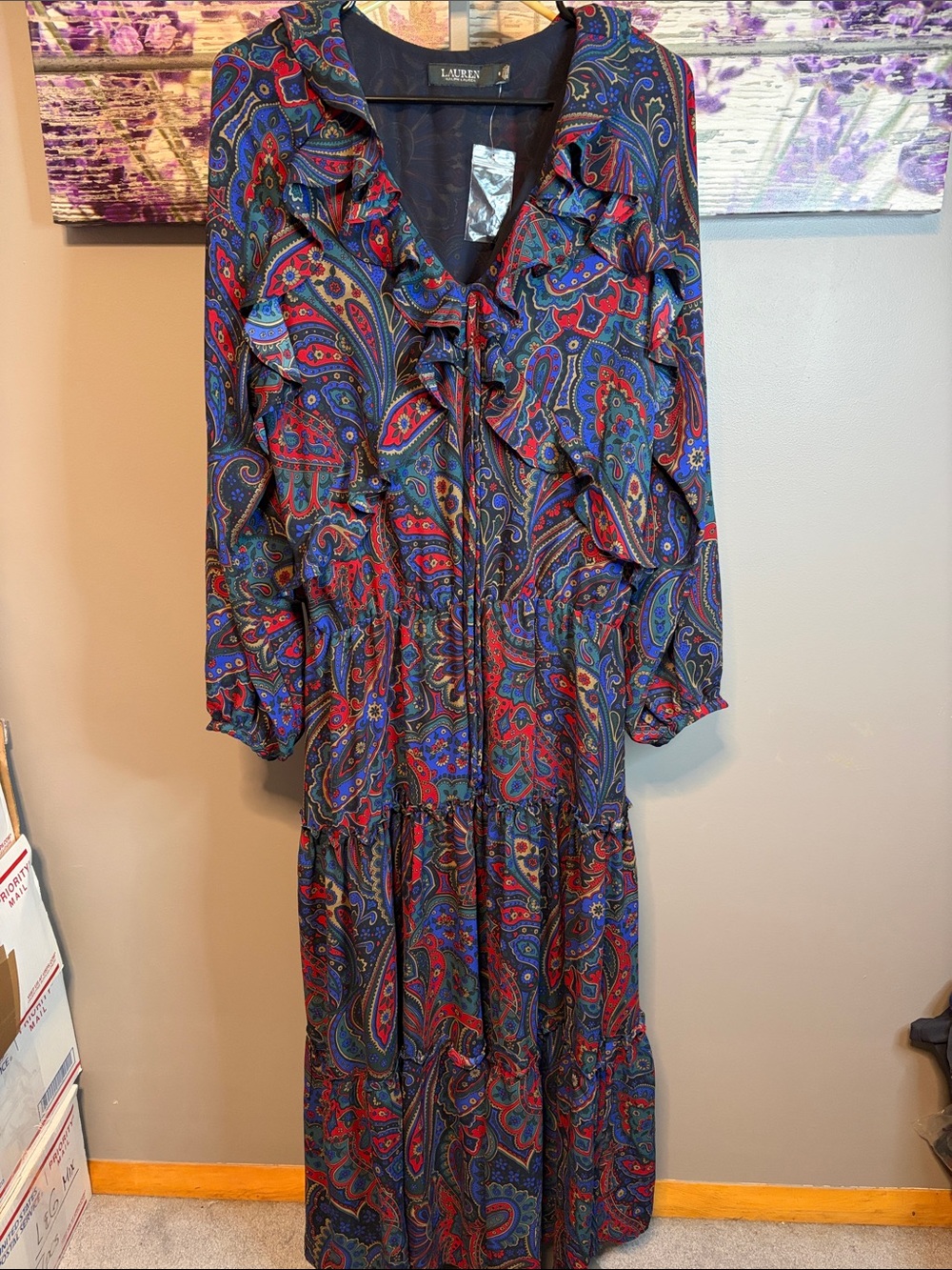 Lauren Ralph Lauren Red and Blue Paisley Ruffle-Tiered Maxi Dress NWOT